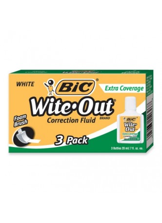 BIC WOFEC324 Wite-Out Extra Coverage Correction Fluid, 0.68fl, Pack of 3